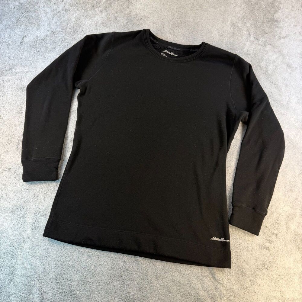 Eddie Bauer Womens Large Merino Wool Fleece Pullover Black Crewneck Sweatshirt